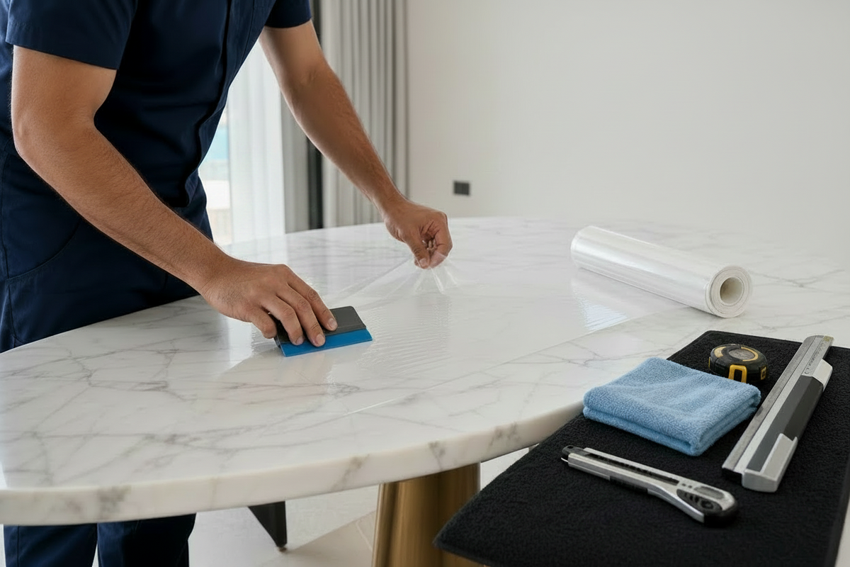 Professional Table PPF installation on a marble table in Dubai